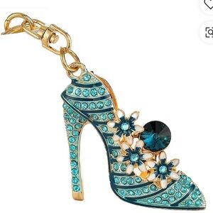 Diamond High Heel Flower Key Ring Rhinestone Crystals Teal/Blue Fashion Jewelry